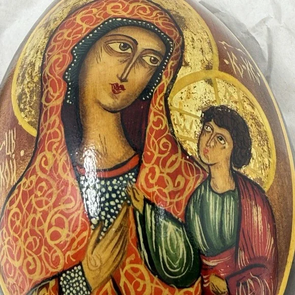 Russian Orthodox Icon Wooden Eggs Hand Painted Virgin Mary St George Signed 1991 - Picture 4 of 15